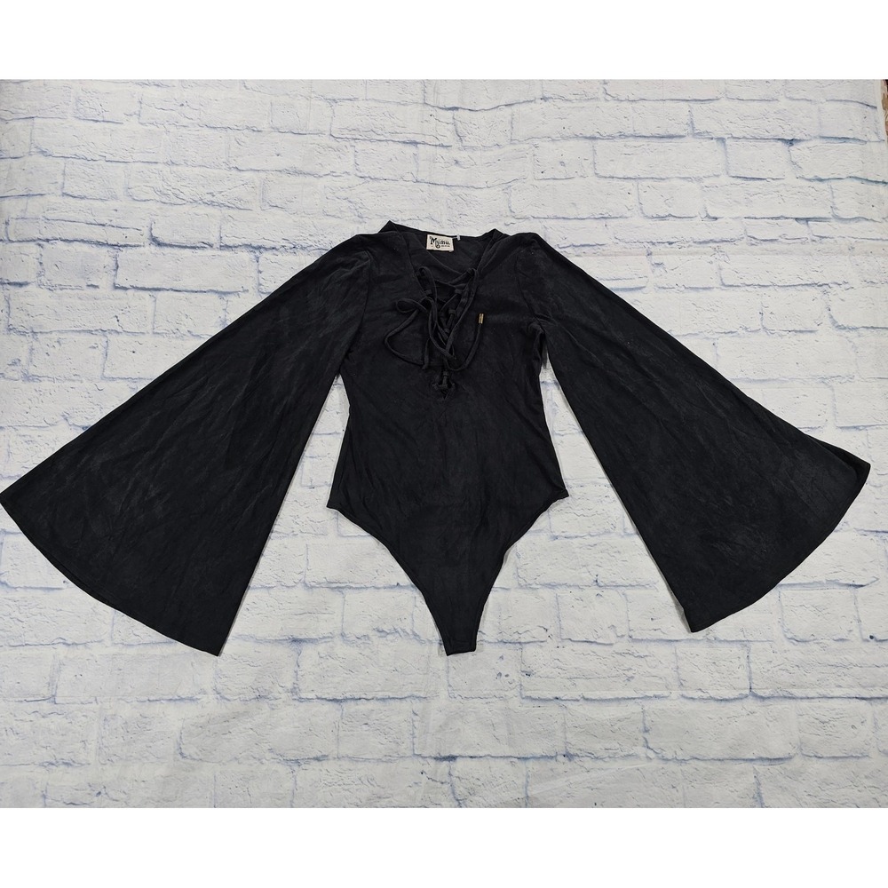 Show Me Your Mumu Bodysuit Women Medium Black Bell Sleeve Lace Up Suede Boho